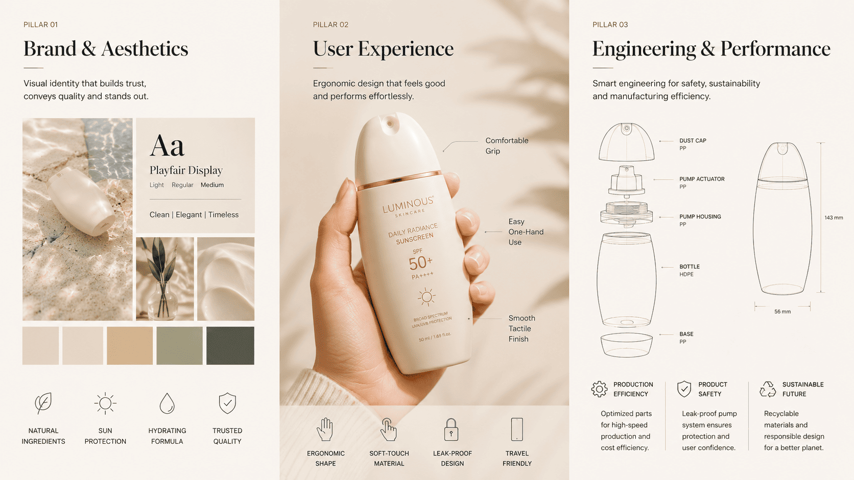 Sunscreen packaging focused on branding user experience and manufacturability
