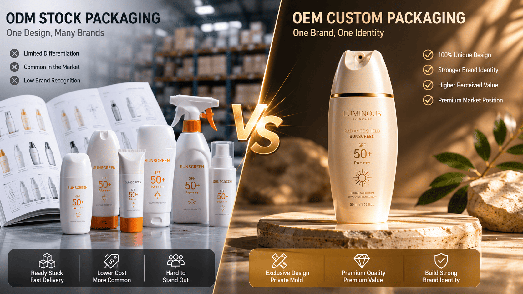 Comparison between custom OEM molds and stock ODM sunscreen packaging