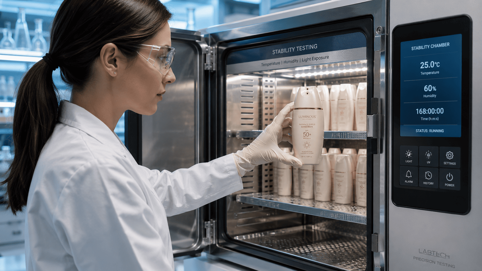 Lab technician placing sunscreen bottle into stability testing chamber