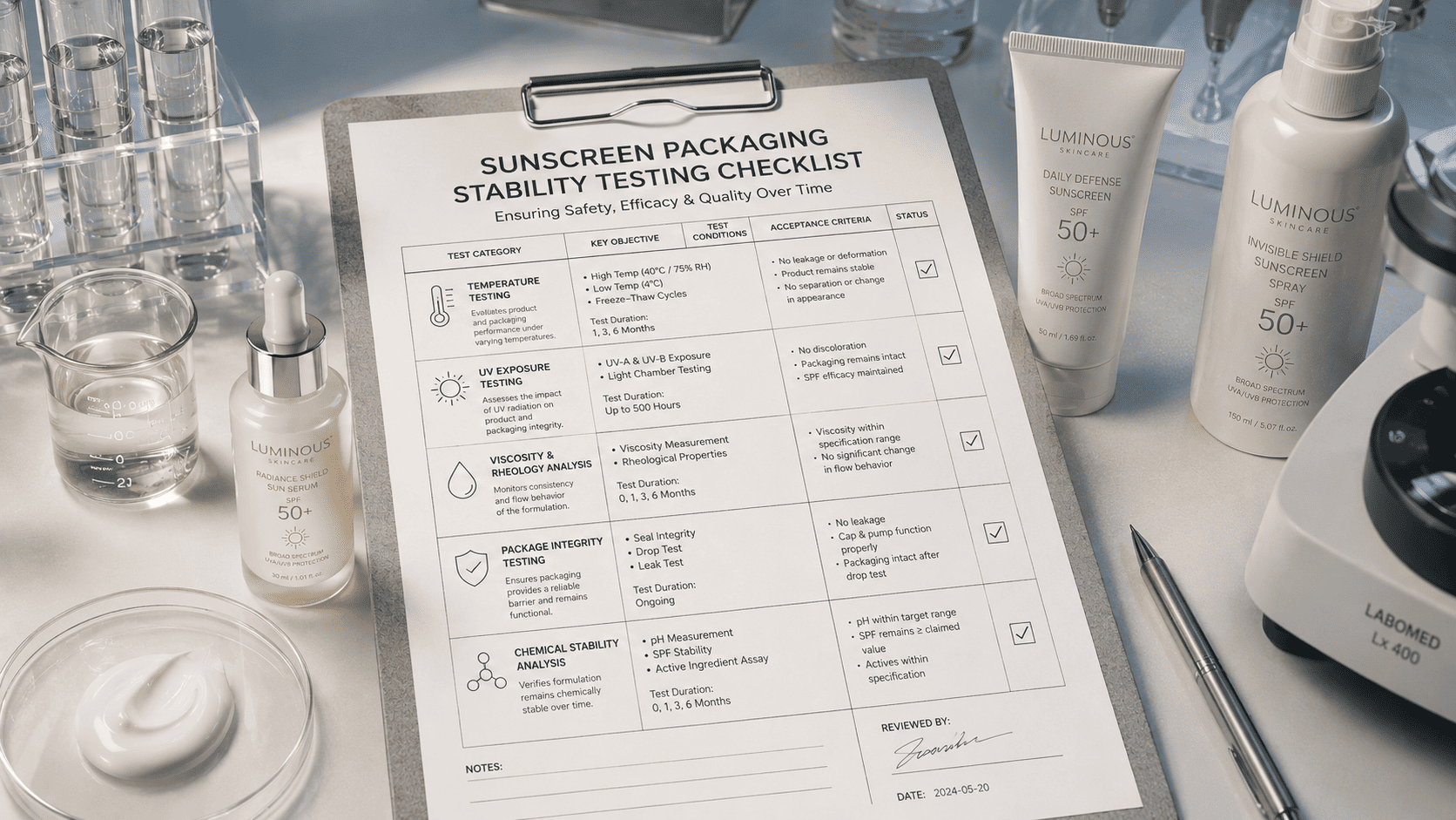 Cosmetic stability testing checklist with packaging and formula evaluation