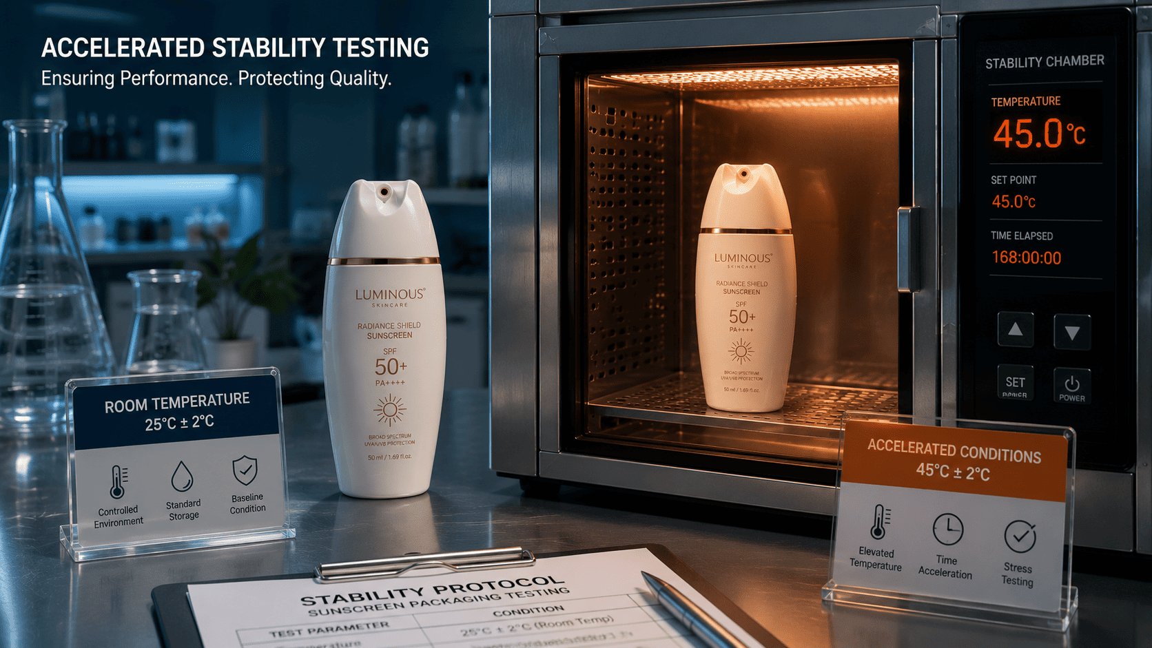 Sunscreen bottles inside accelerated heat stability testing chamber