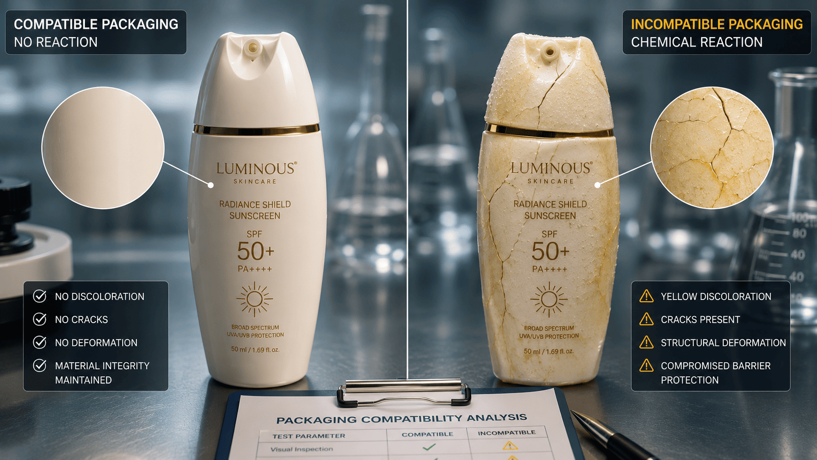 Damaged plastic sunscreen bottle caused by formula incompatibility