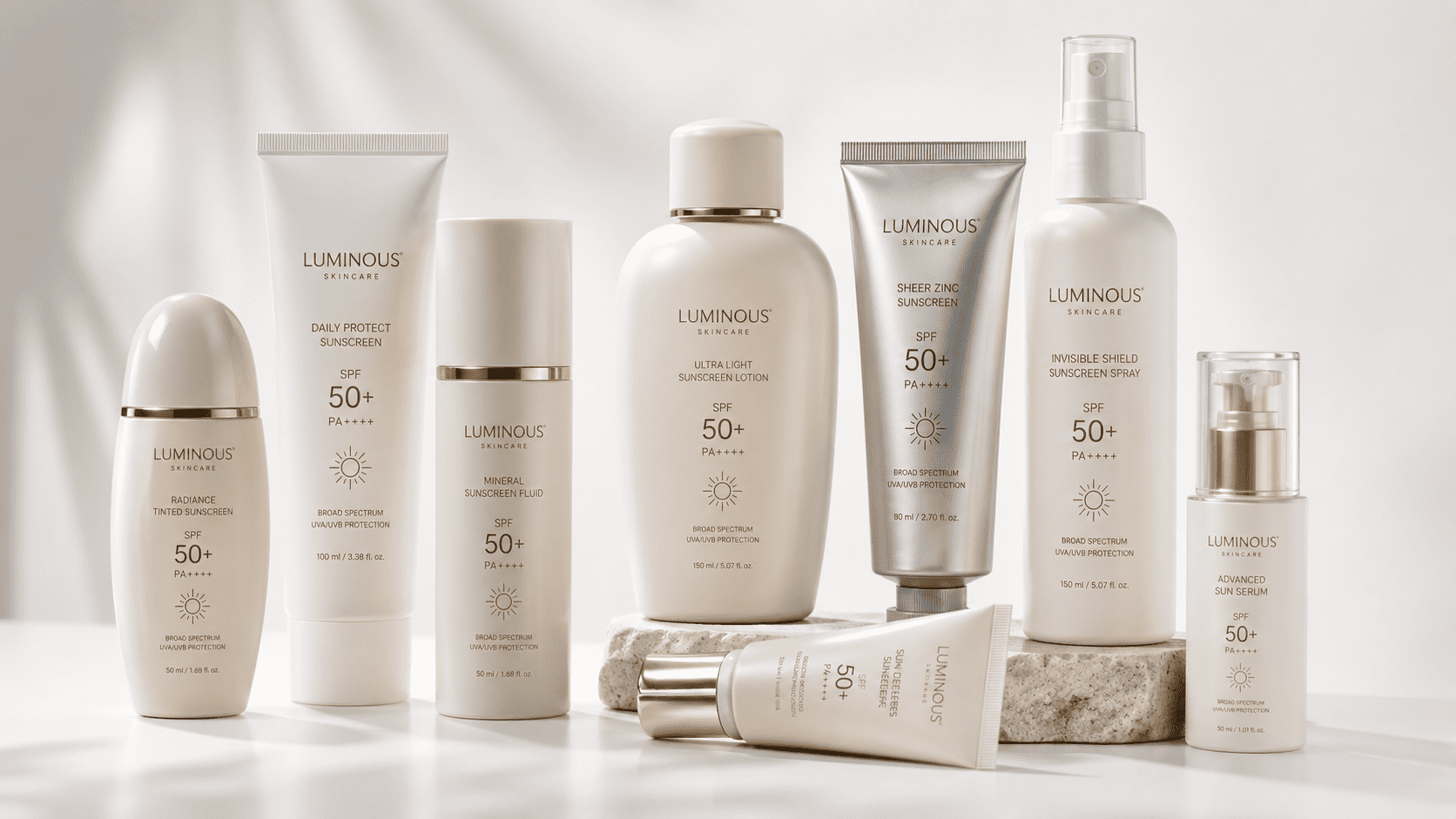 Modern sunscreen bottles and tubes in different SPF packaging formats