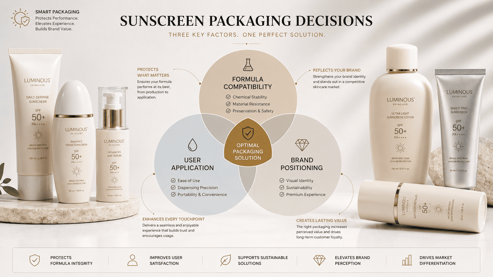 Diagram showing formula user and brand considerations for sunscreen packaging