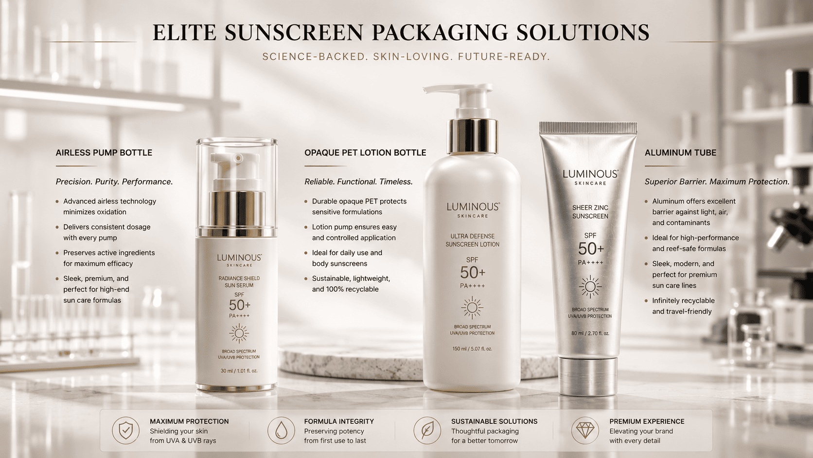 Airless bottle opaque PET bottle and aluminum tube for sunscreen products