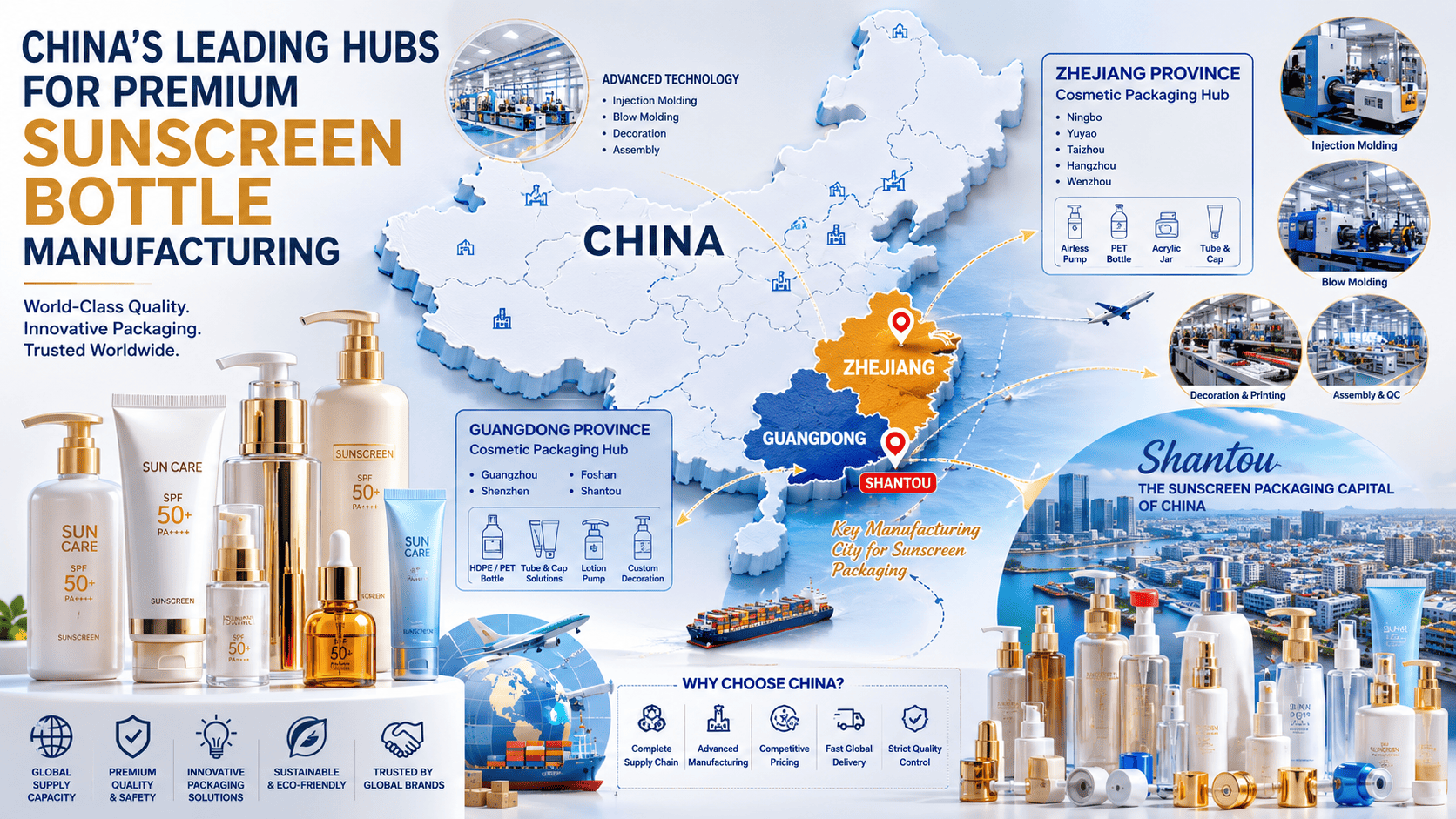 Map showing Zhejiang and Guangdong as major sunscreen packaging manufacturing hubs in China