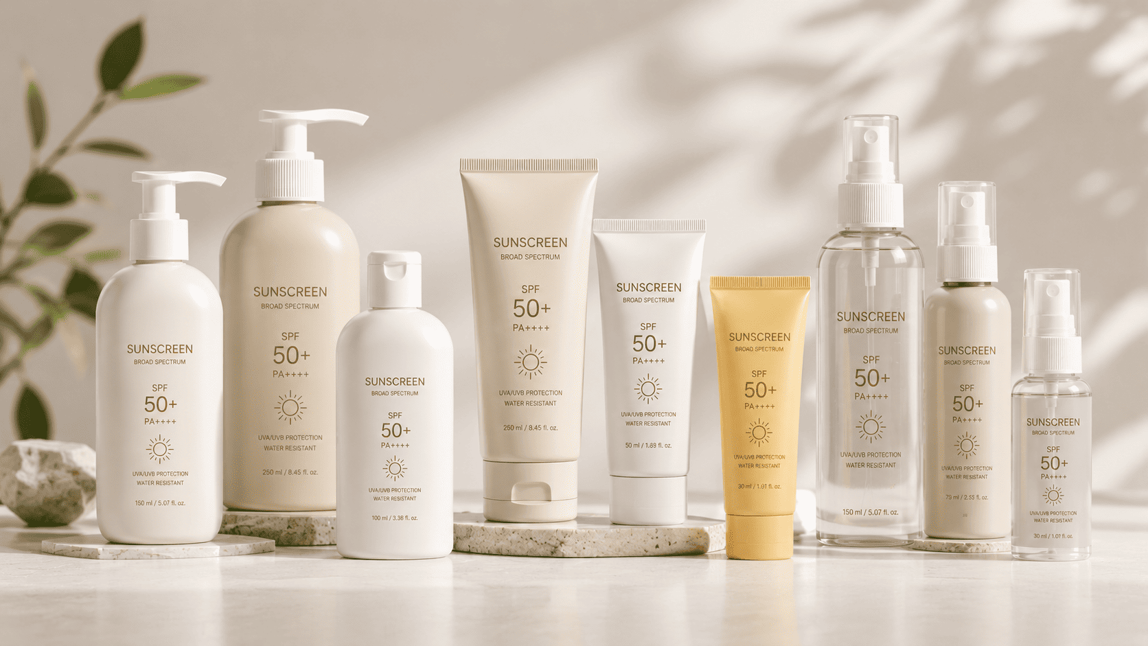 Empty PE sunscreen tubes, PET lotion bottles, and spray bottles for SPF packaging