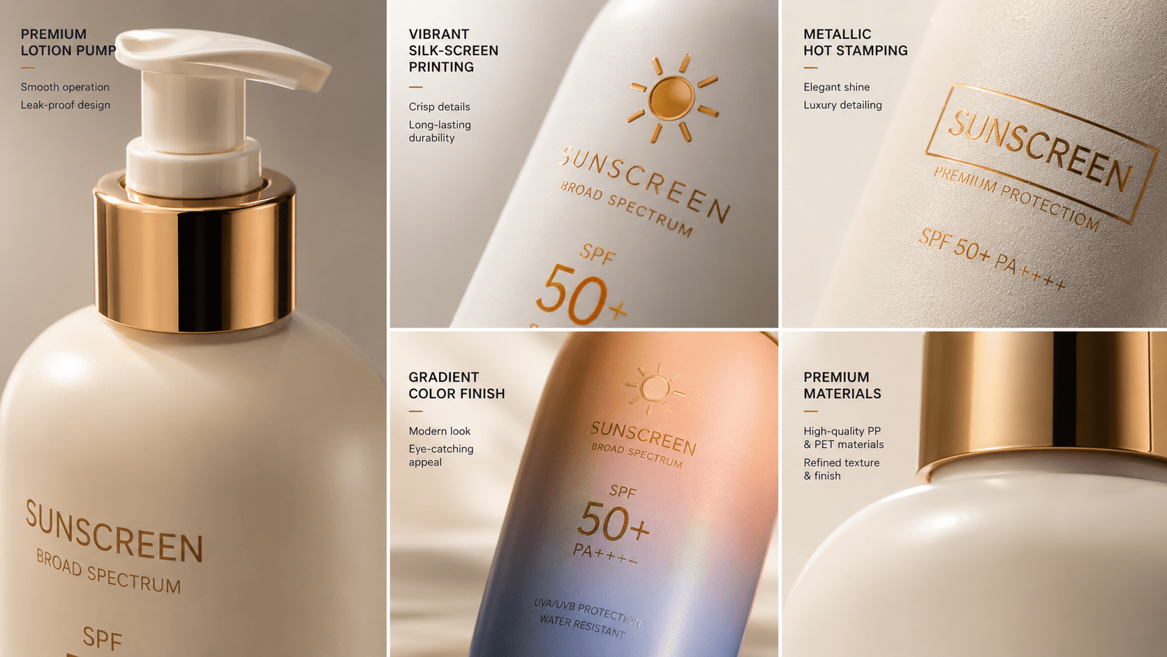 Close-up of sunscreen bottle pumps, caps, silk printing, and hot stamping details