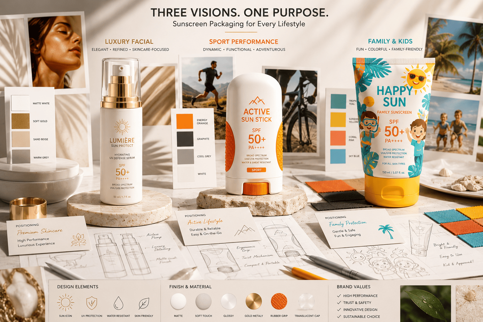 Sunscreen packaging design examples for luxury, sport and family brands