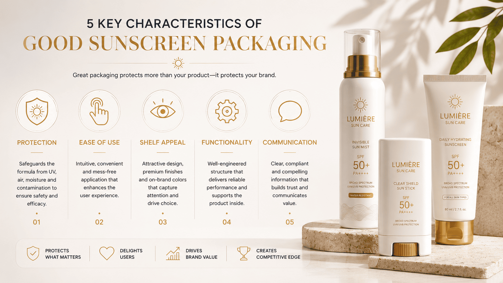 Five characteristics of effective sunscreen packaging design including protection usability and shelf appeal