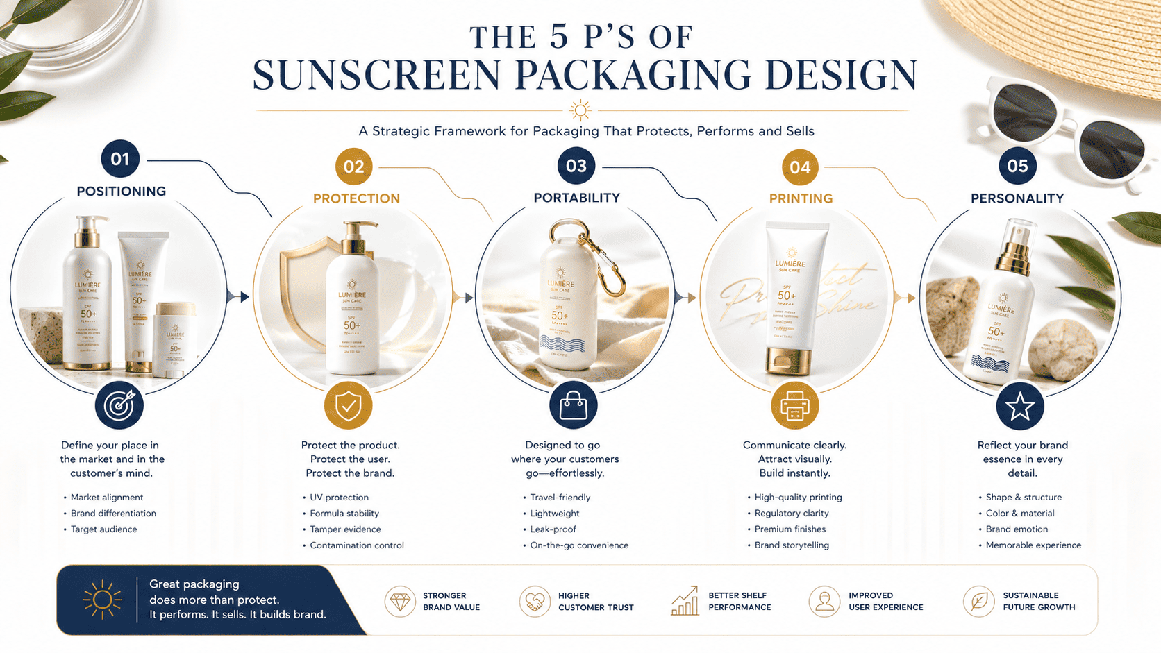 Sunscreen packaging design framework covering positioning protection portability printing and personality