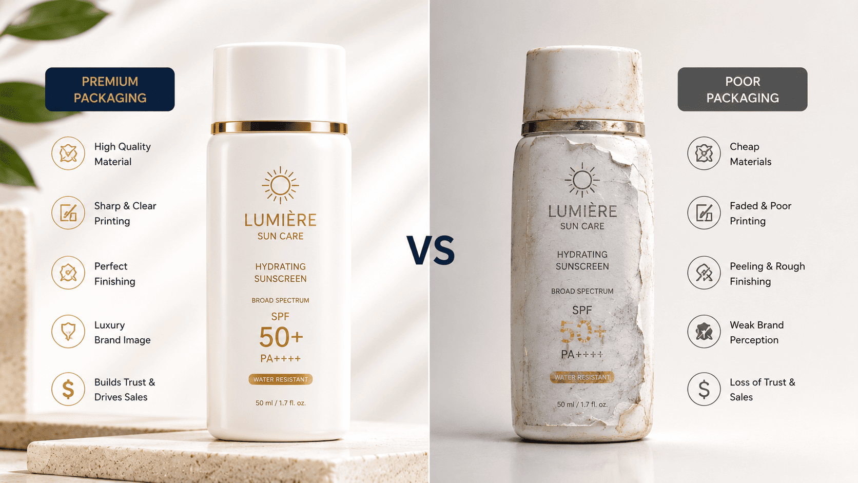 Common sunscreen packaging mistakes including poor printing, leaking bottles, and packaging failures