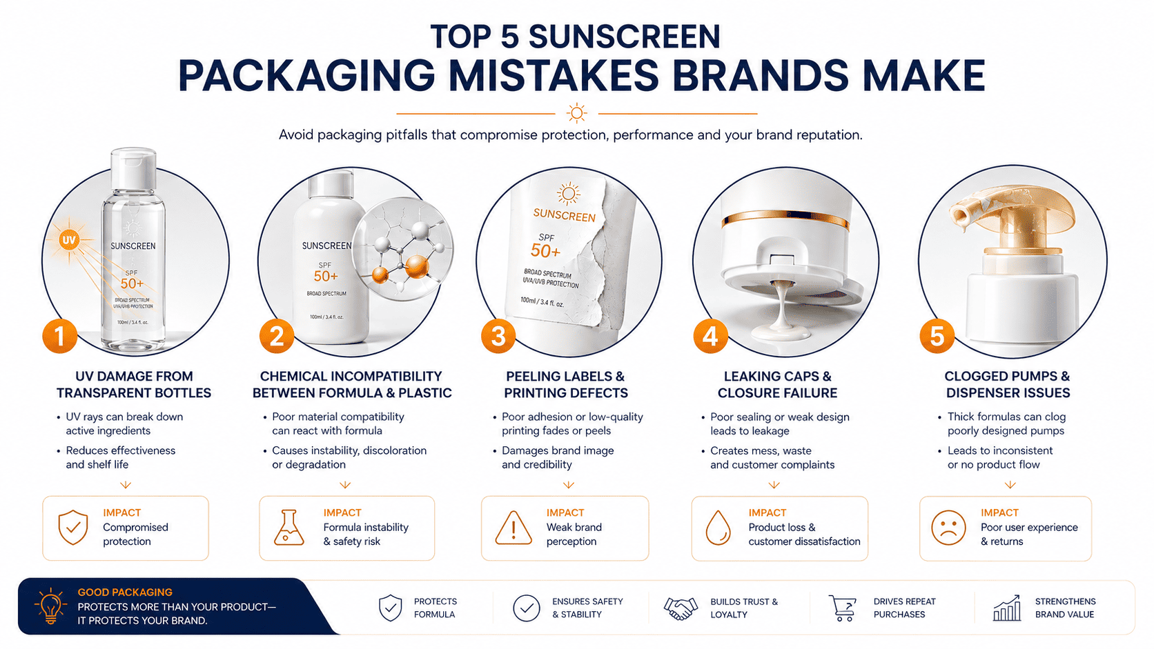 Sunscreen packaging mistakes such as UV exposure, leakage, printing defects, and pump failures