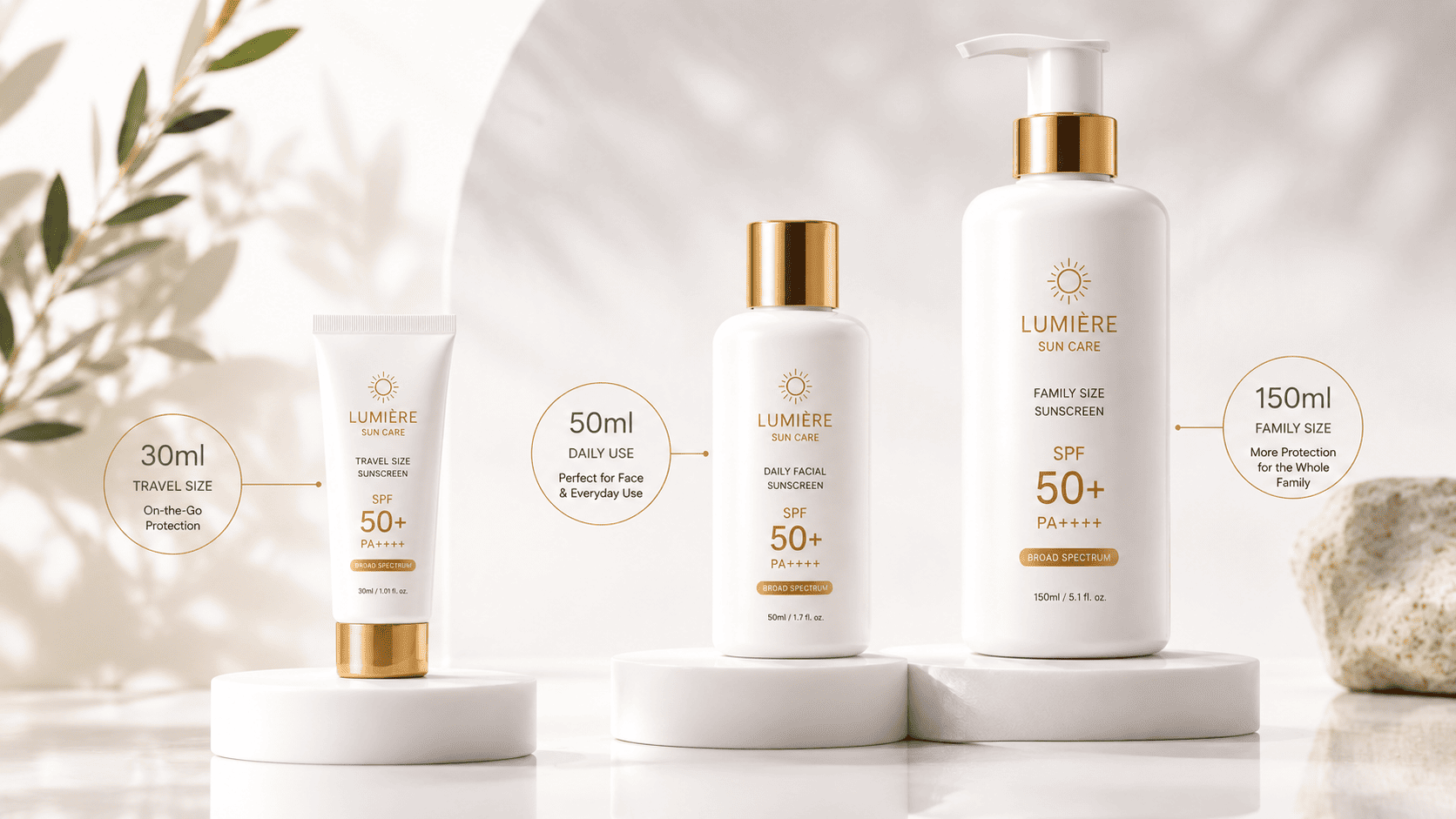 30ml, 50ml and 150ml sunscreen bottles showing the most popular sunscreen packaging sizes for 2026