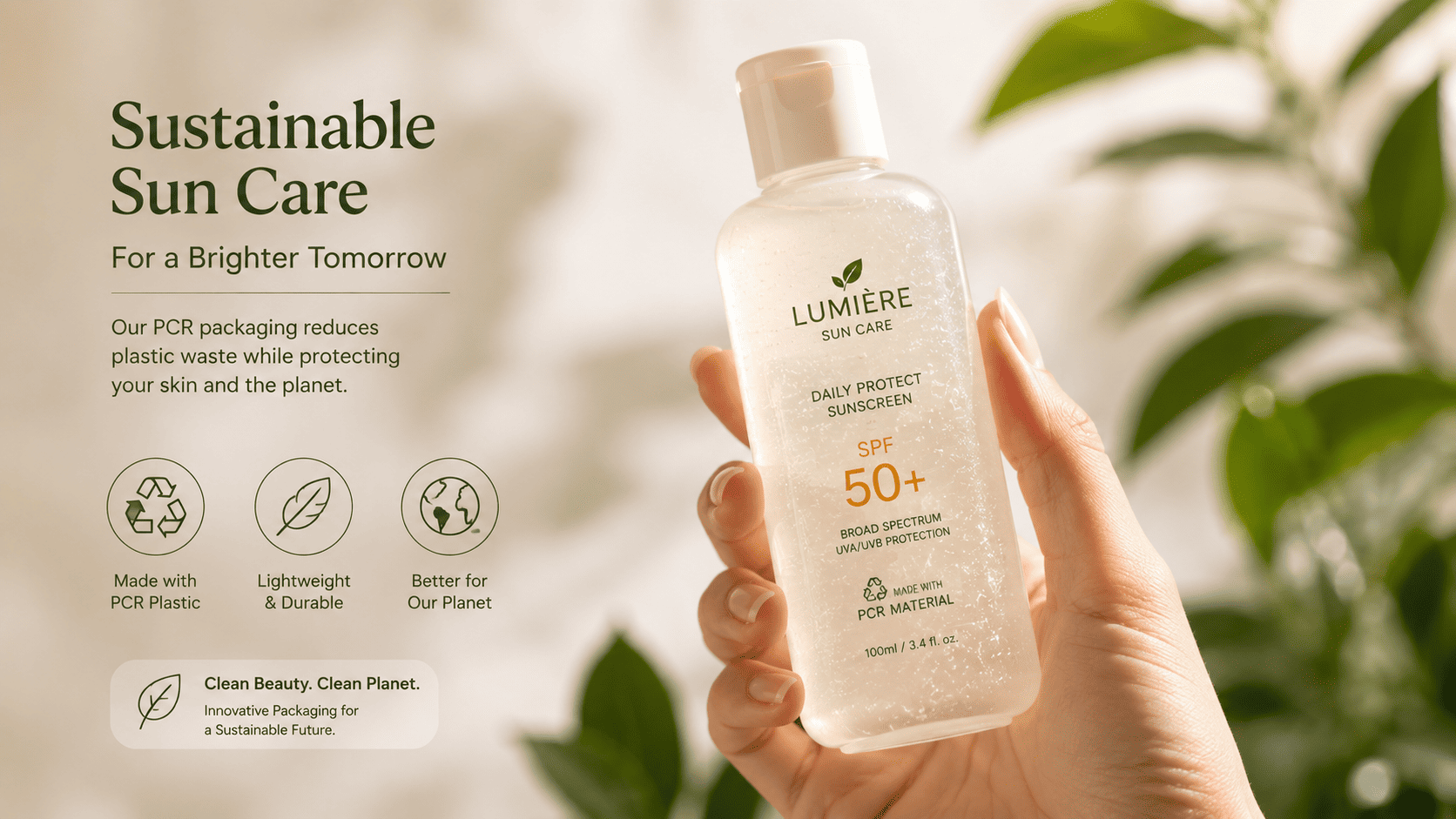 Sustainable sunscreen bottle made from PCR plastic with lightweight packaging design